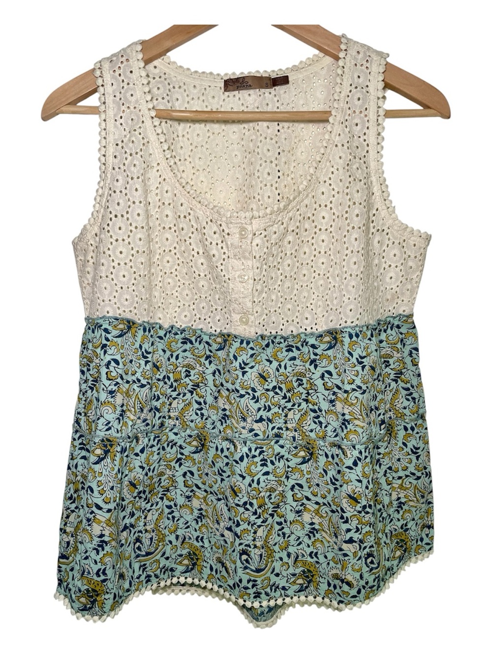 Prana Effi Boho Crochet Lace Tank Top Blouse Small organic cotton EUC